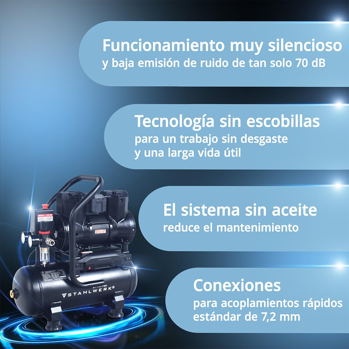 STAHLWERK Compresor con tanque de 10 L (ST-110 Pro) – sin aceite y silencioso, 8 bar, compresor de aire con motores sin escobillas, 1,97 CV, 1,45 kW, 250 l/min, compresor de pistón silencioso