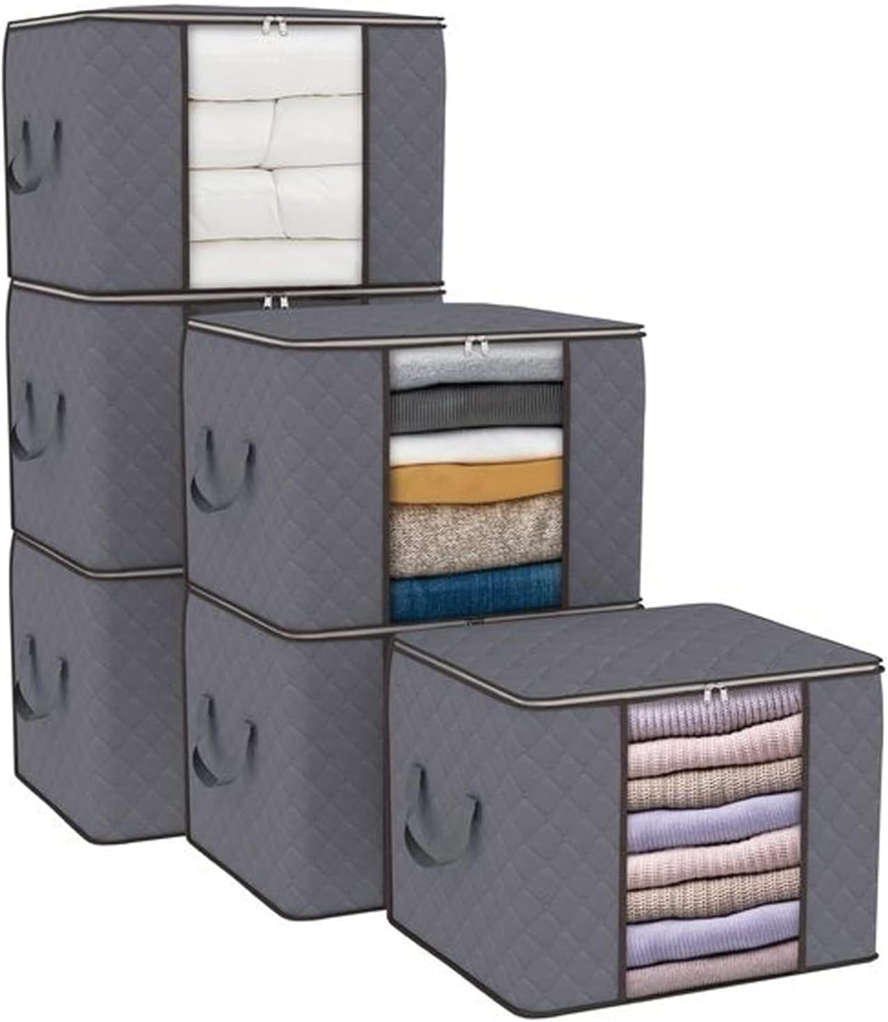 Mh Home Grey 90L Underbed Storage Bags, 6Pack Large Capacity Clothes Storage Bags With Zips, Foldable Storage Bags With Reinforced Handle Breathable Thick Fabric For Comforters, Blankets & Bedding (6)