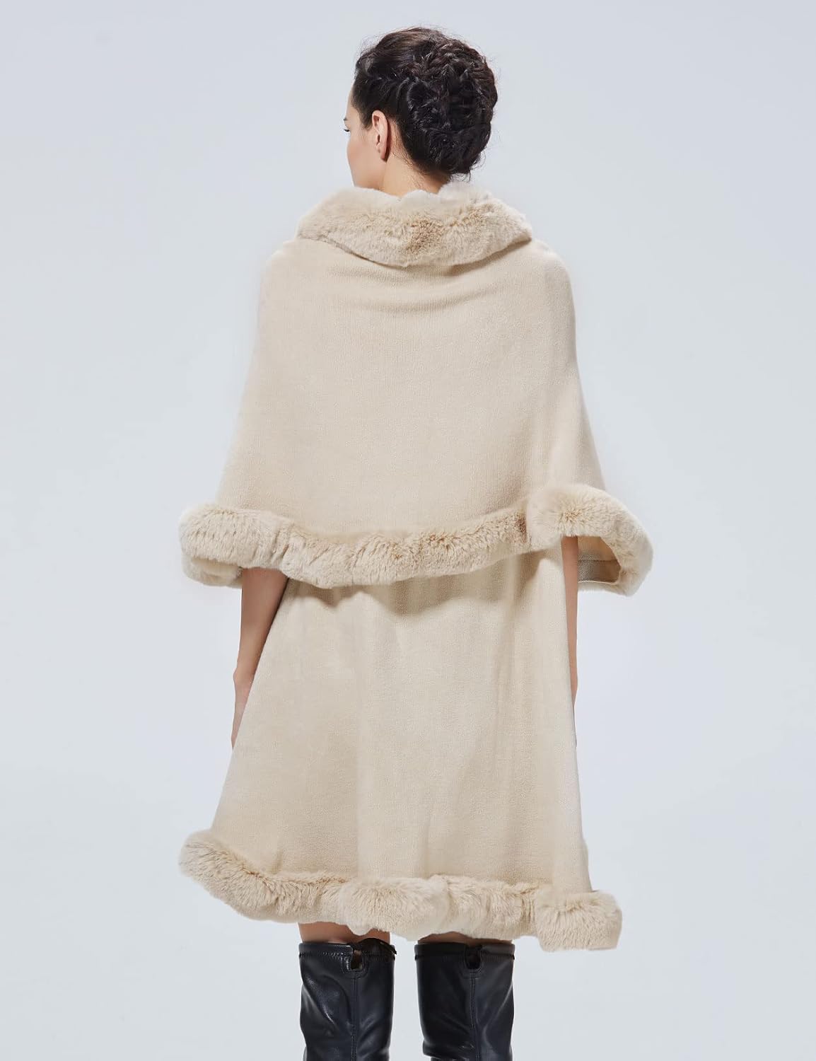 Winter Poncho Shawl Wrap Women Cape Faux Fur Trim Coat Sleeveless Cardigan Dressy Cloak - Image 3