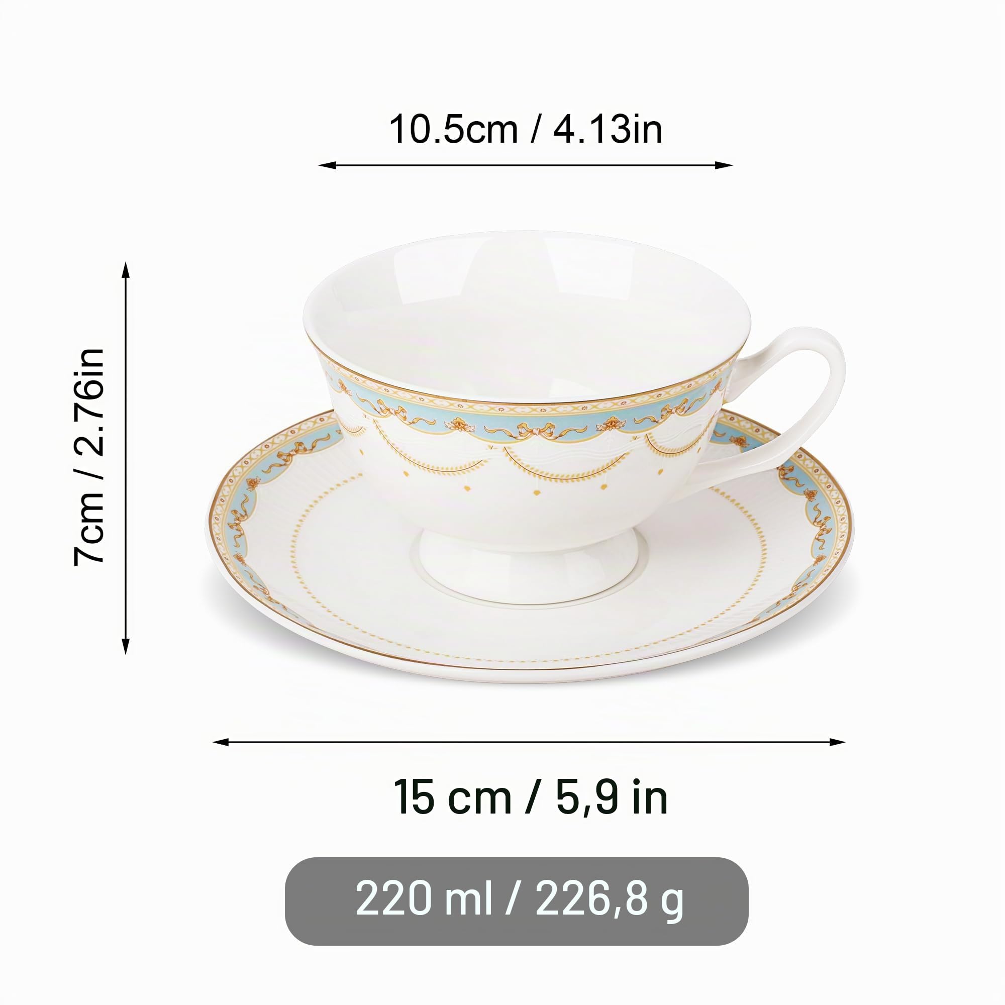 fanquare Tazze da Tè e Piattini in Pizzo Blu Set di 6 Tazze da Caffè Britanniche e Piatti in Osso di Porcellana per Regali per il Tè Pomeridiano