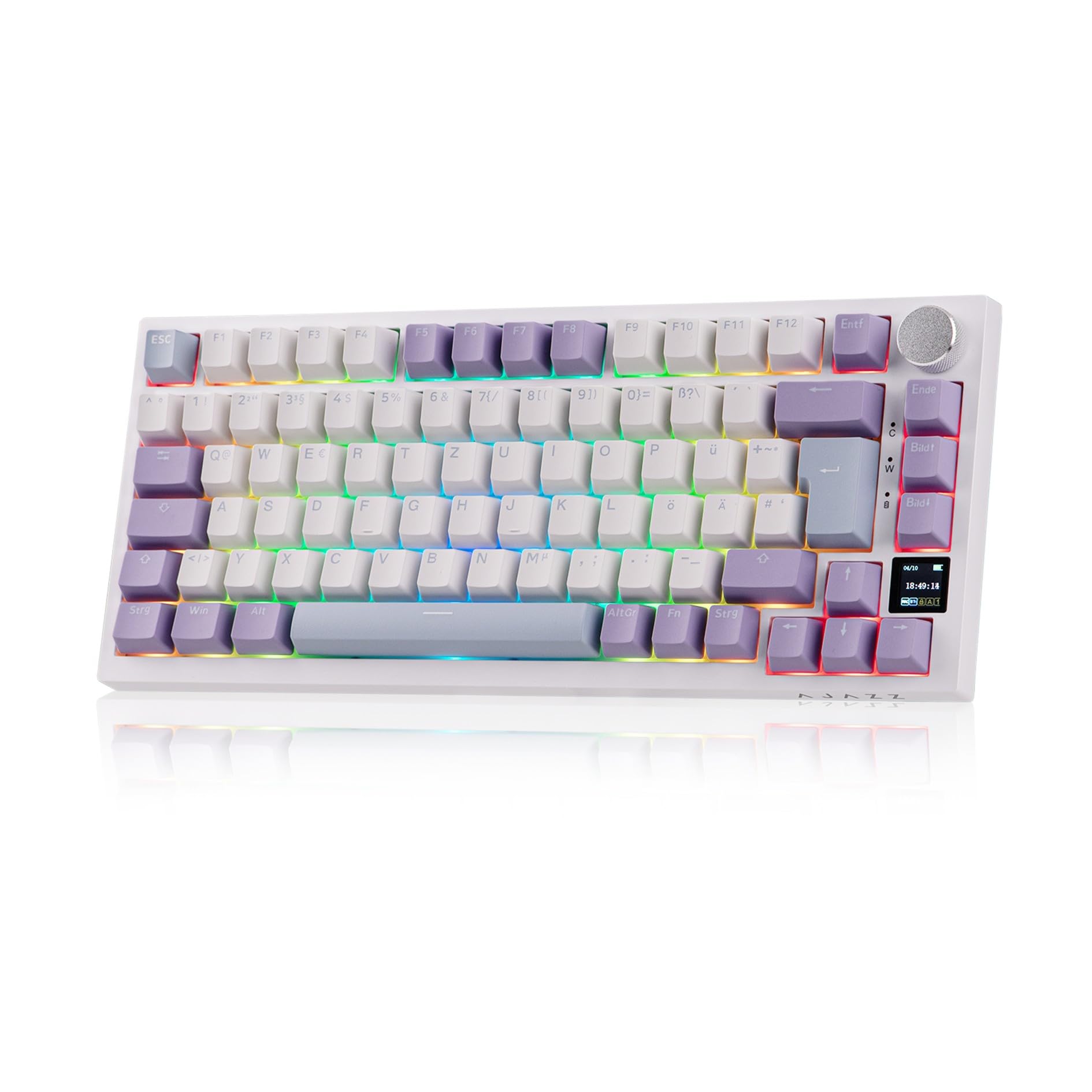 EPOMAKER Ajazz AK820 Pro ISO-DE German Layout 75% Mechanical Keyboard Wireless, RGB, QWERTZ, BT/2.4 GHz/Cable, TFT Display, Creamy Gasket, Gaming Keyboard for Win/Mac/PC (White Purple, Gift Switch)