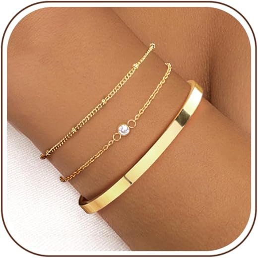 Finrezio 3-5 Pieces Women's Gold 14 Carat Gold-Plated Stacking Bracelets Stainless Steel Figaro Beads Chain Bracelets Adjustable Bracelet Set Waterproof Gold Jewellery for Women