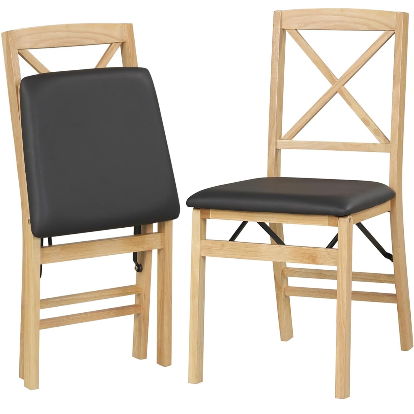 TANGZON Folding Chairs Set of 2/4, Rubber Wood Padded Dining Chairs with PVC Leather/Linen Fabric Exterior, Home Office Upholstered Guest Conference Seats (Cross Backrest, Natural+Black, 2, count)