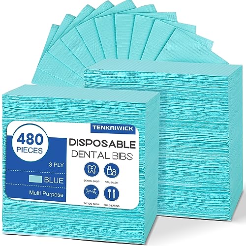 480 Pack Disposable Dental Bibs 13"x18", 3-Ply Waterproof Tattoo Bibs Sheet for Nail Salon, Dental Clinic, Feeding, Tattoo Shop (Blue)