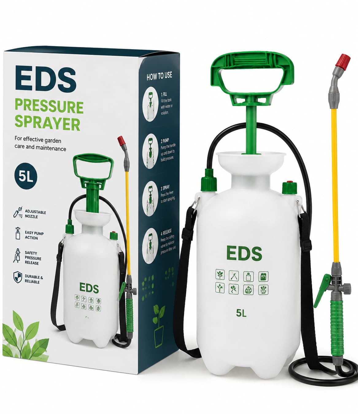EDS Pressure Sprayer 5 Litre Garden Sprayer Pump Action - High Pressure Pump Sprayer with Carry Strap & Adjustable Spray for Weed Killer Pesticides Fungicides Patio Cleaning & Garden