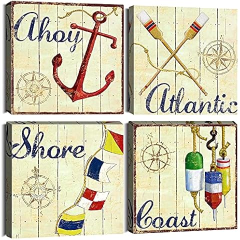 Canvas Wall Art Poster Prints Decorative Framed Picture on Canvas Set 11.8x11.8 in for Home Living Room Bedroom Office Decoration (Nautical Theme) Cover
