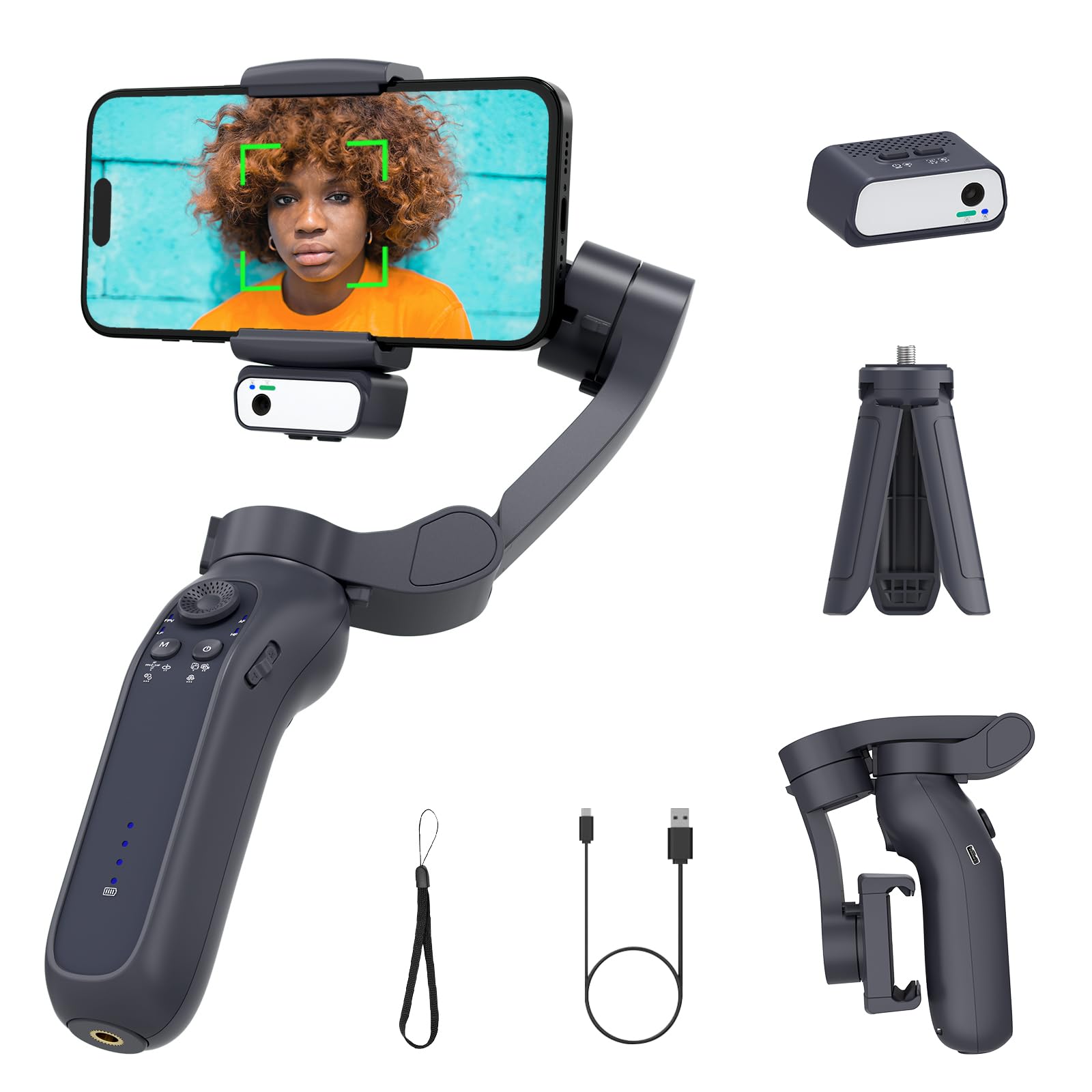 Estabilizador de cardán de 3 ejes, módulo de seguimiento de IA con luz de relleno de 3 temperaturas de color, control por gestos, trípode integrado, para iPhone y Android (negro)