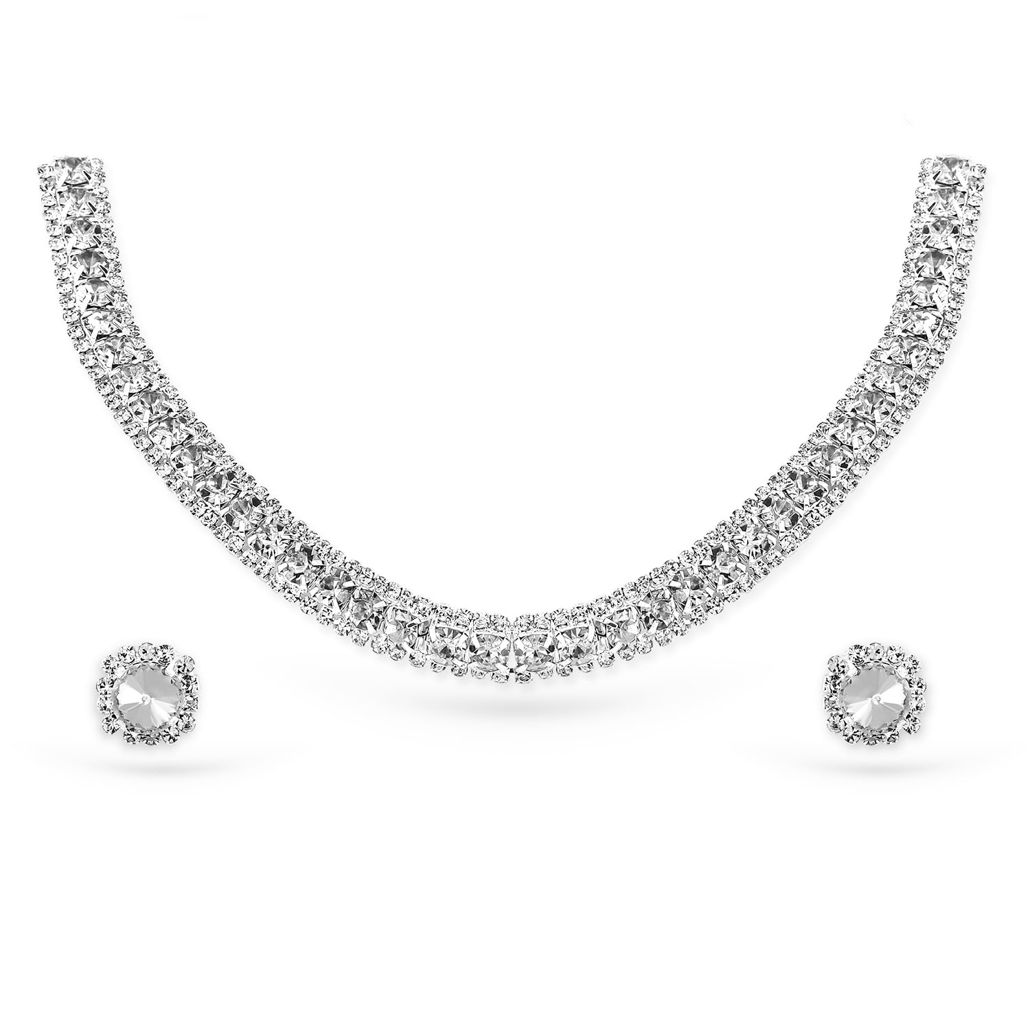 Womens Rhodium Plated Crystal White Cubic Zirconia Studded Choker Necklace Set-image-26