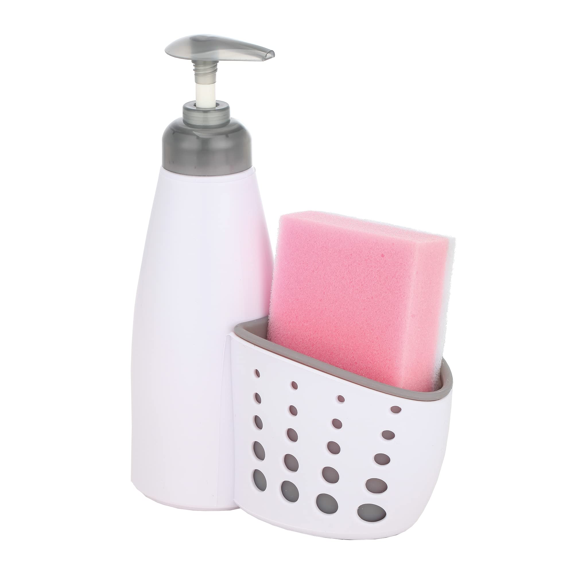 Casa & Casa White Grey Marini Soap Dispenser & Sponge Holder, Dishwashing Dispenser Pump Bottle With Holder For Kitchen & Bathroom, Kitchen Sink Organiser Caddy (White/Grey)