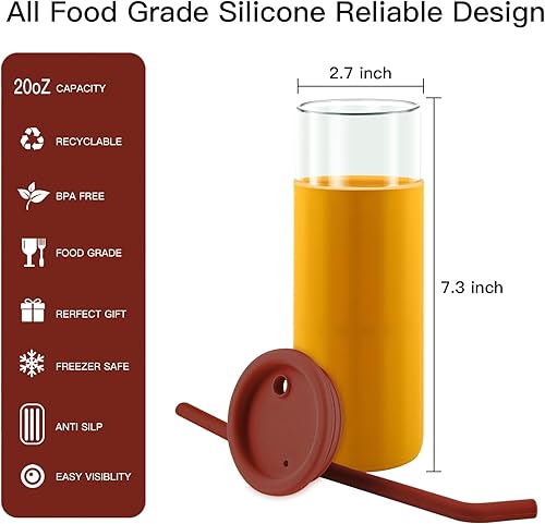 Miniatura 9 de Taza para café helado con tapas y popote, botella de agua de vidrio de 20 onzas con funda protectora de silicona, reutilizable, lindo vaso para