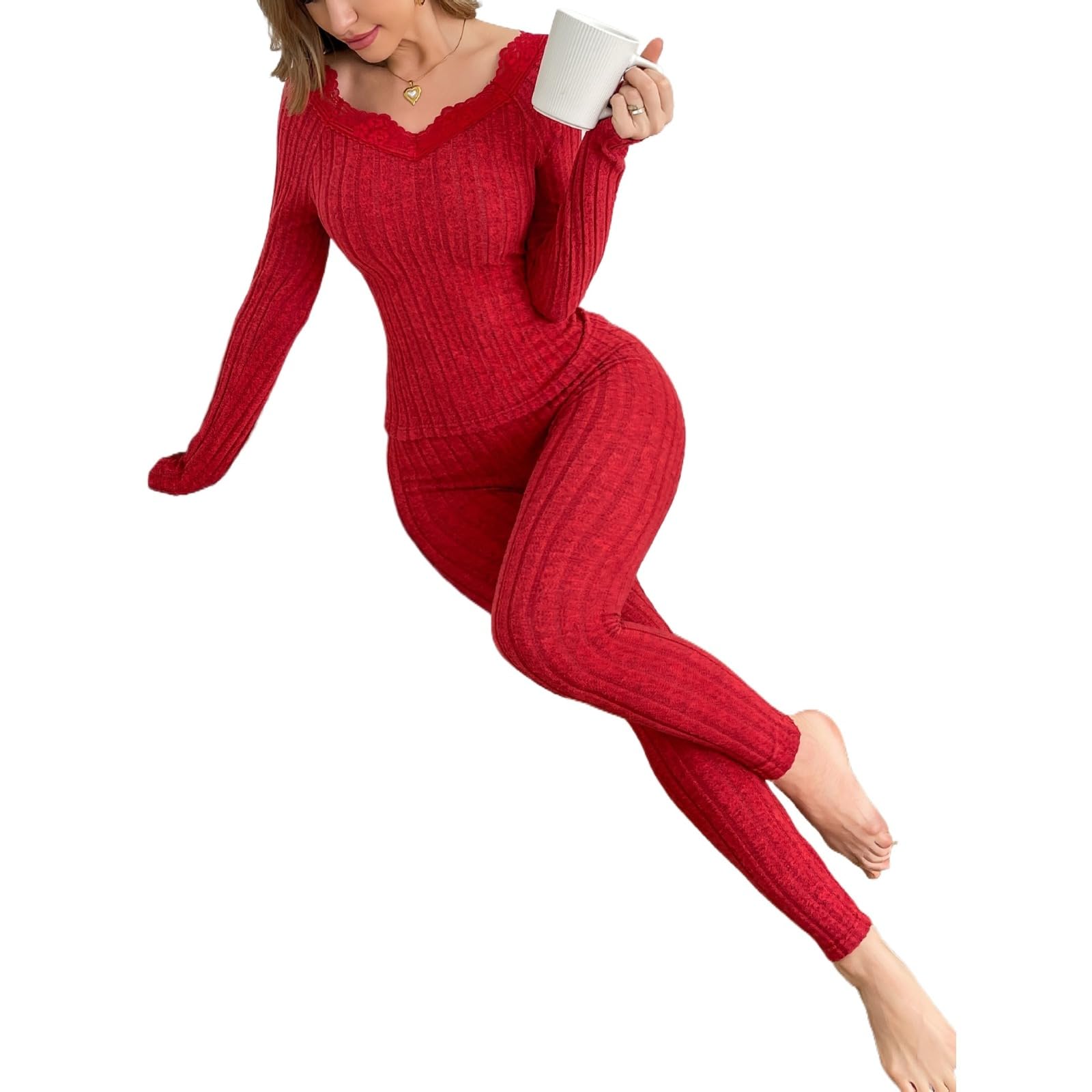 KIRYU Conjunto de ropa interior térmica para mujer, cuello en V, manga larga y leggings, capa base suave, pijama cálido de invierno y ropa de descanso
