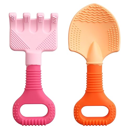 Miniatura 8 de Herramienta de jardinería juguetes de dentición para bebés, mordedores de silicona con pala y rastrillo para bebés de 3 a 12 meses, juguetes Azul y