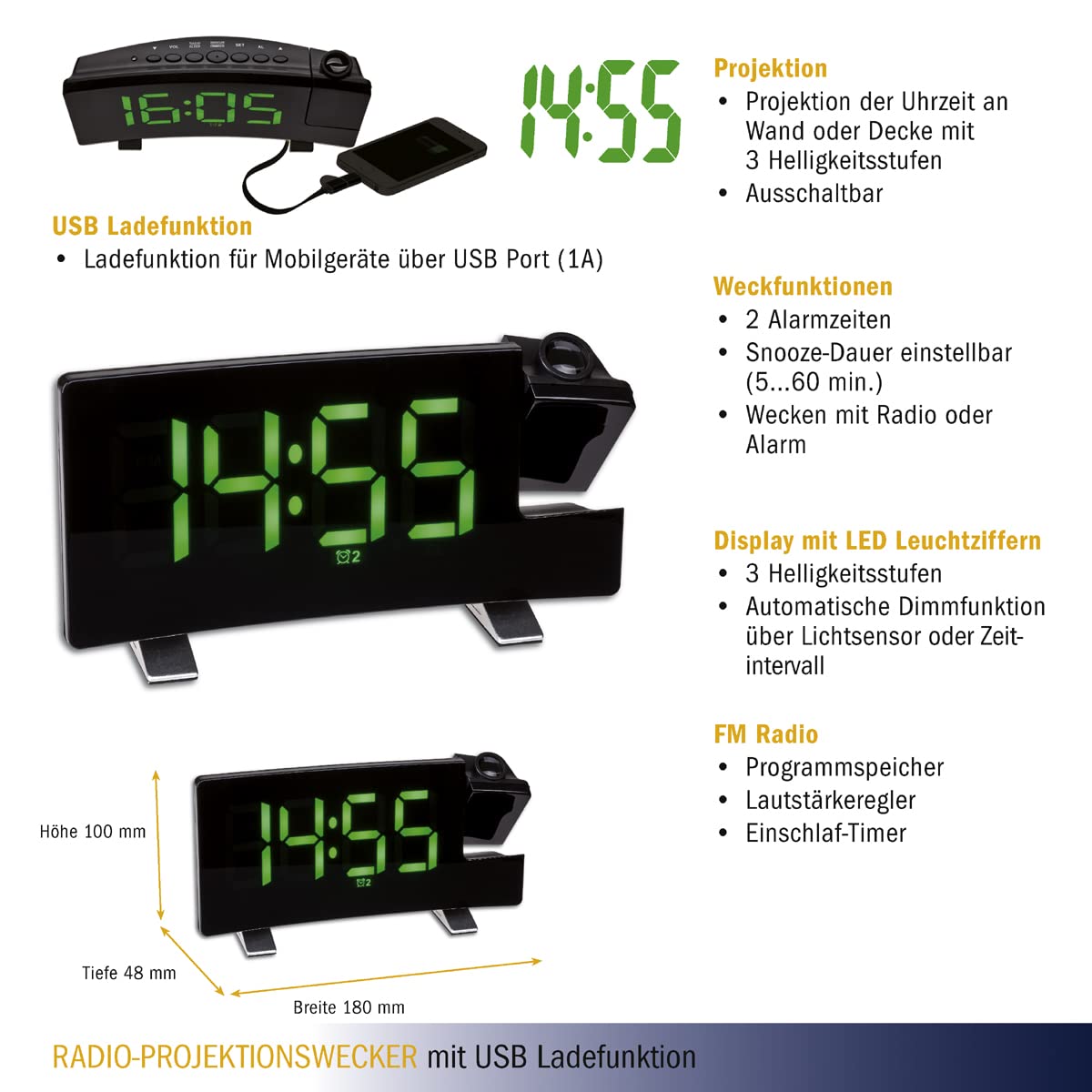 TFA Dostmann Sveglia di proiezione 60.5015.04 con radio FM, 2 allarmi, nero con cifre luminose verdi, plastica, (L) 180 x (L) 48 x (H) 100 mm