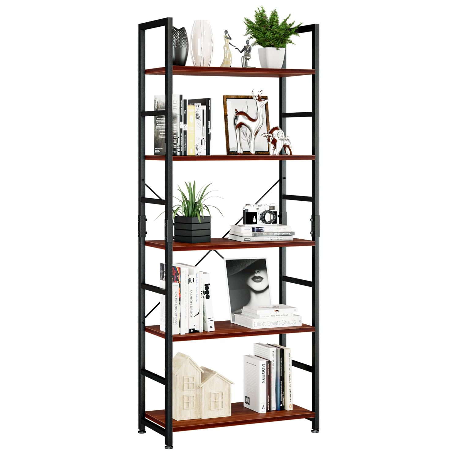 NUMENN - Libreria a 5 ripiani, alta libreria, scaffale moderno per camera da letto, soggiorno e ufficio, in teak
