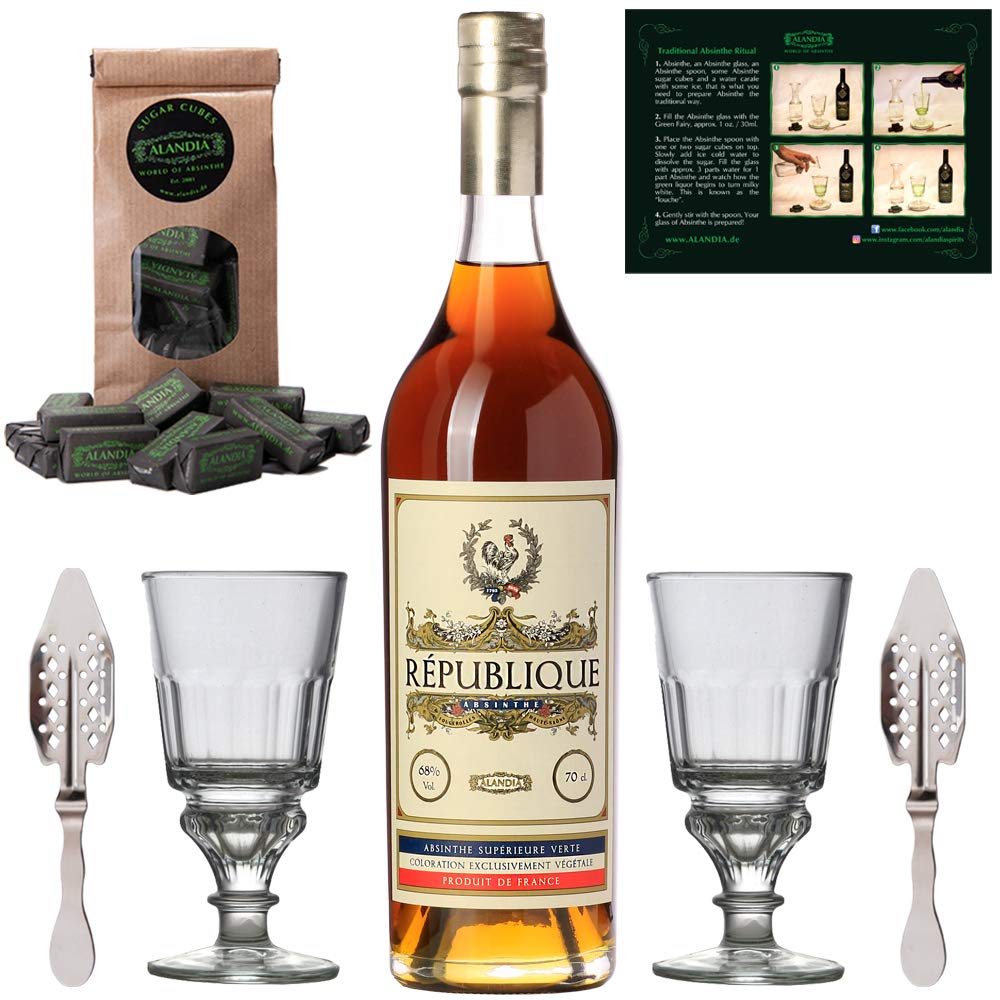 Absinth Set République von ALANDIA | Mit Weinalkohol destilliert | 2x Reservoir Gläser 2x Edelstahl Löffel 1x Zuckerwürfel | (1x 0,7 l)