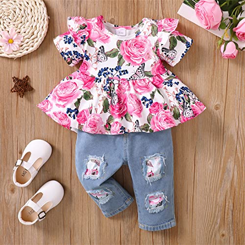 Patpat Baby Girl Clothes Set Infant Toddler Denim Girl Outfits Flower Ruffle Top With Ripped Denim Jeans Pant Sets(Pink,18-24 Months) #TOP1