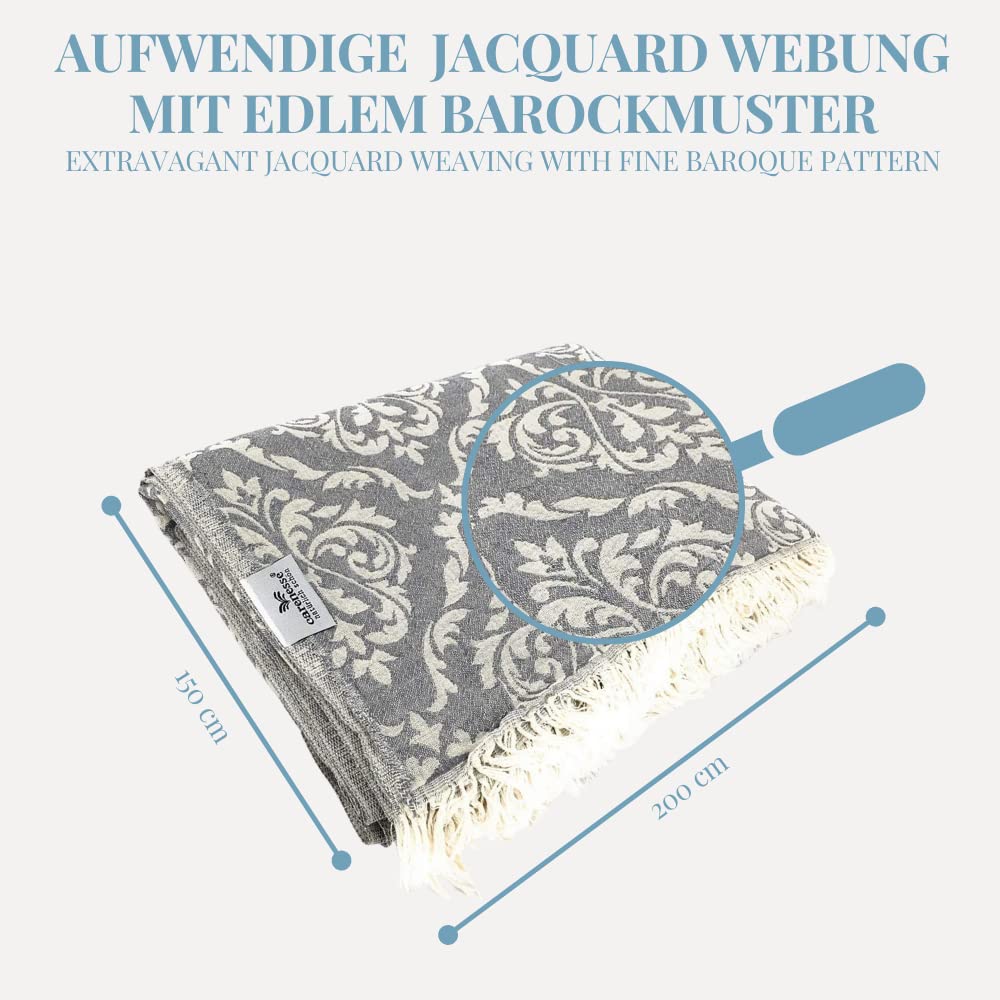 Carenesse Jacquard Tagesdecke Single Size Barock 150 x 200 cm grau I Edle & zarte Wendedecke aus 100% Baumwolle mit hochwertiger Webung I Überwurf für Bett & Sofa I Wohndecke dünn & leicht