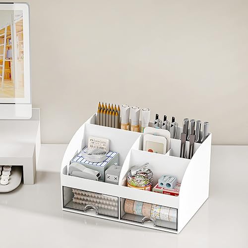 Miniatura 4 de COMFYROOM Organizador de escritorio y accesorios con 6 compartimentos y 2 cajones, organizador de maquillaje de plástico, soporte para bolígrafos