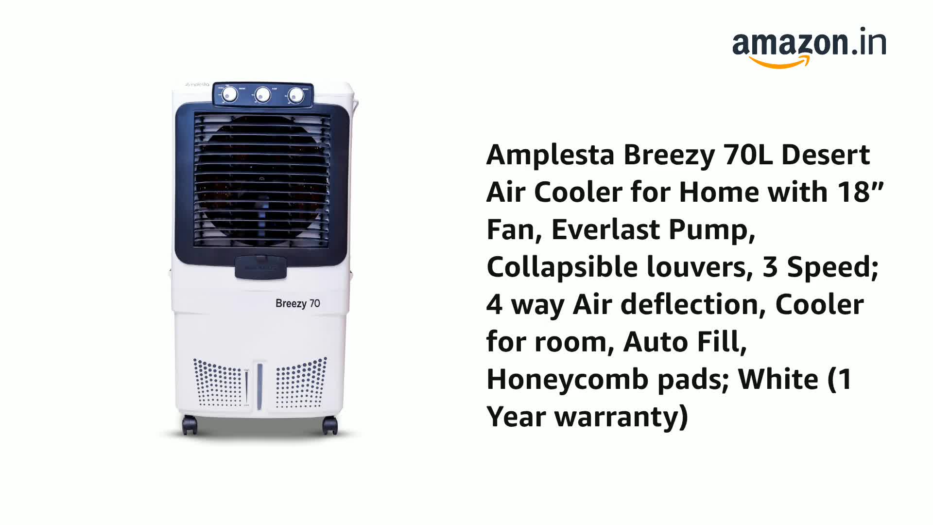 Amplesta Breezy 70L Desert Air Cooler for Home with 18” Fan