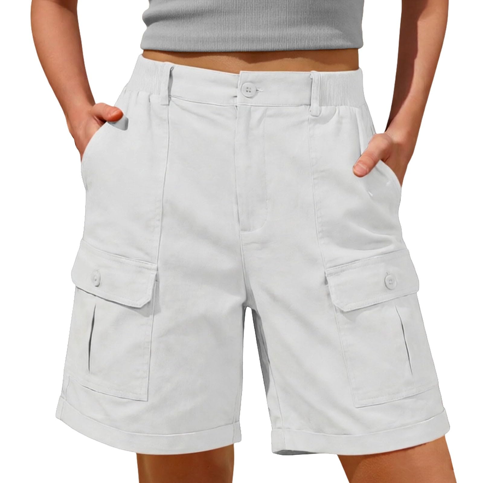 Short Femme Ete Lin Coton Short Cargo Baggy Travail avec Poches Léger Décontracté Shorts Et Bermudas Taille élastique Noir Bermuda Femme Randonnée Fluide 2026