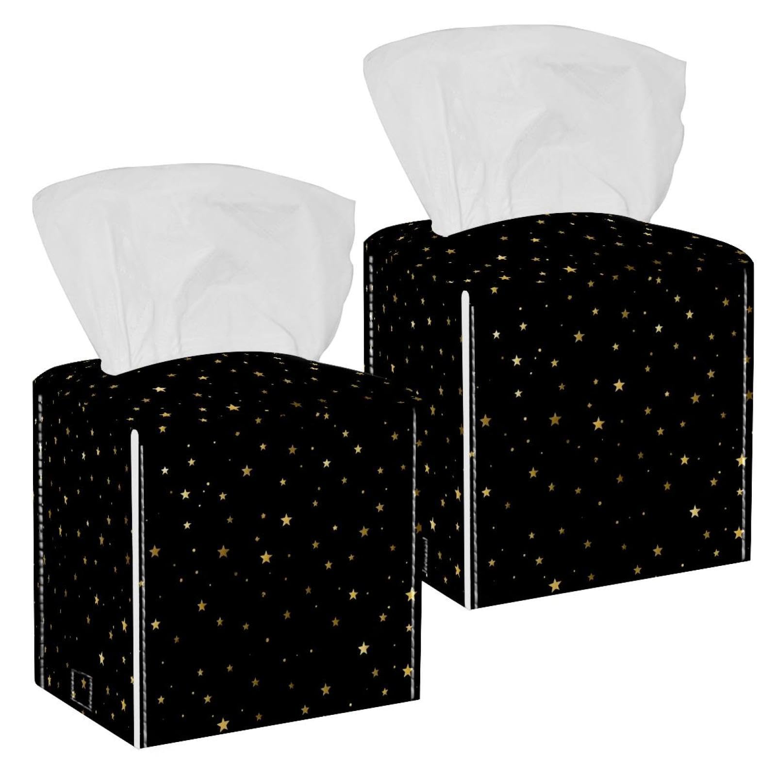 Golden Stars Tissue Box Cover, 2 Pack PU Leather Square Facial Tissue Dispenser Box holder for Home Office Car