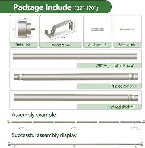 Miniatura 130 de Barras de cortina para ventanas de 28 a 48 pulgadas, barra de cortina ajustable de 1 pulgada, barra de cortina larga resistente para ventana, barras