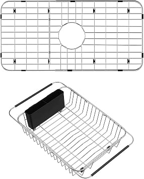 SANNO Expandable Dish Drying Rack Over The Sink Dish Drainer Kitchen Sink Grate Sink Protector for Kitchen Sink, Stainless Steel
