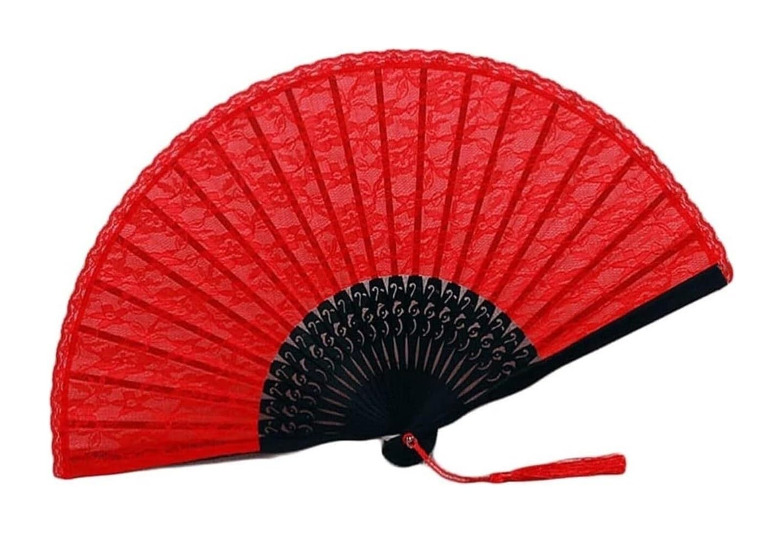 Koronkowy składany wentylator ręczny | Czerwony 22 cm/8,6 cala Zamknięty 39 cm/15,3 cala Otwarty Do dekoracji ślubnych: Prezent na imprezę taneczną