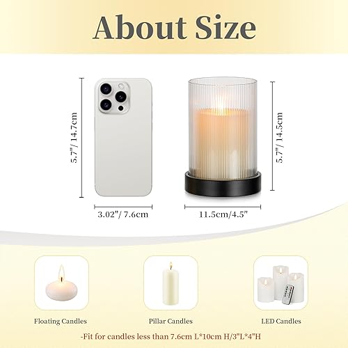 Miniatura 6 de Hewory Candelabro acanalado de huracán juego de 2 portavelas votivas negras, huracán de vidrio con placa de vela de metal, soporte de vela de pilar