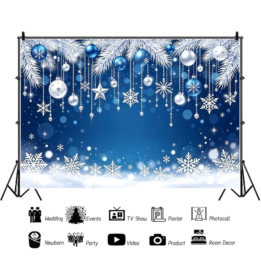 3,5x2,5m Sfondo blu Buon Natale fiocchi di neve bianchi e pino