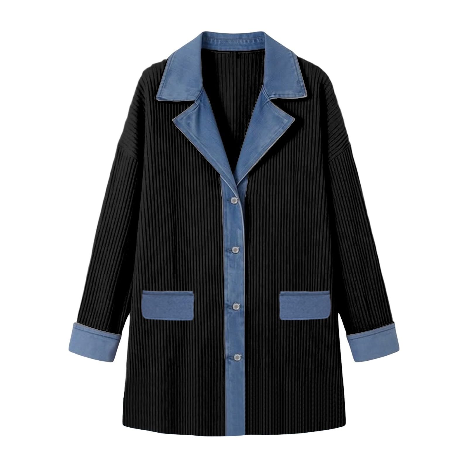 Generico Cardigan da Donna in Denim Patchwork con Colletto Jeans A Risvolto A Contrasto Cappotto Lungo in Maglia Giacca Primaverile Casual per Tutti I Giorni E Il Tempo Libero