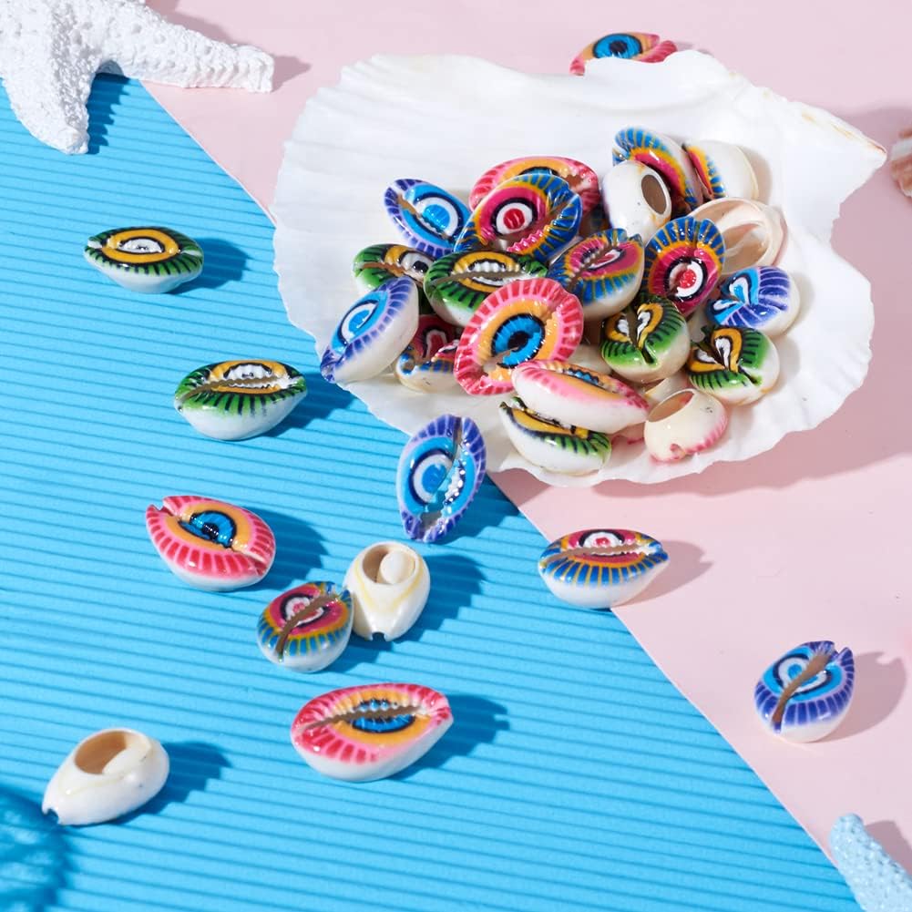 Cheriswelry 100pcs Printed Cowrie Shell Beads Undrilled Colorful Evil Eye Seashells Beach Beads Smooth Cut Oval Shell Beads Charms 20~25mm for DIY Craft Earring Bracelet Necklace Jewelry Making