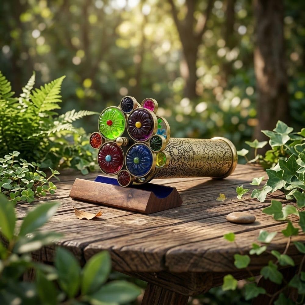 RII caleidoscopio de latón Lacado con patrón Floral Grabado Hecho a Mano Incluye Dos Ruedas giratorias separadas, un complemento Cualquier colección. (7 x 1.5 Pulgadas)