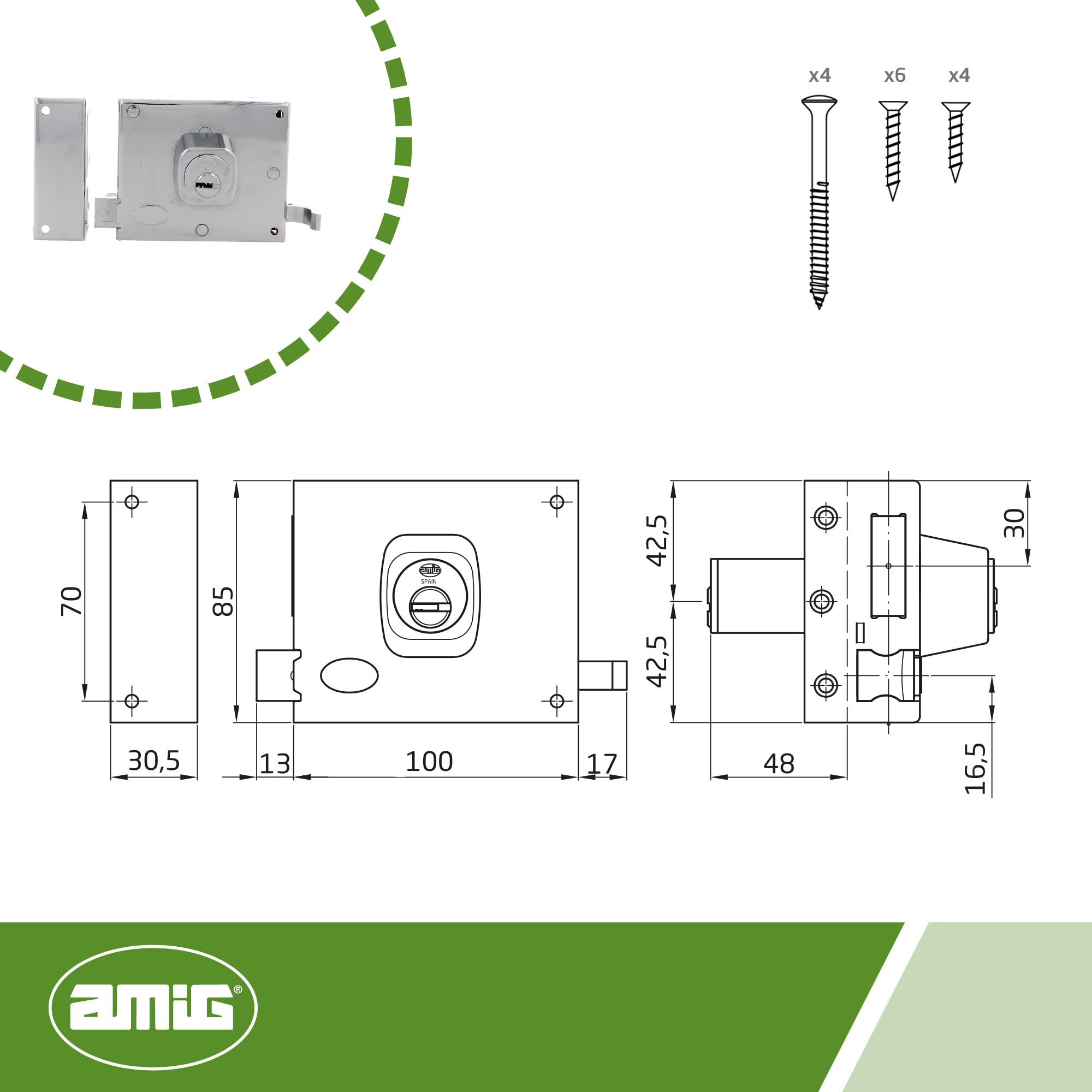 Amig - Cerradura de Sobreponer de Izquierda con Palanca de Cierre, Lengüeta y Tirador para Puertas de Madera Mod. 72-100 x 85 mm - Pestillo Con Cilindro Redondo - Acero Cromado Brillo