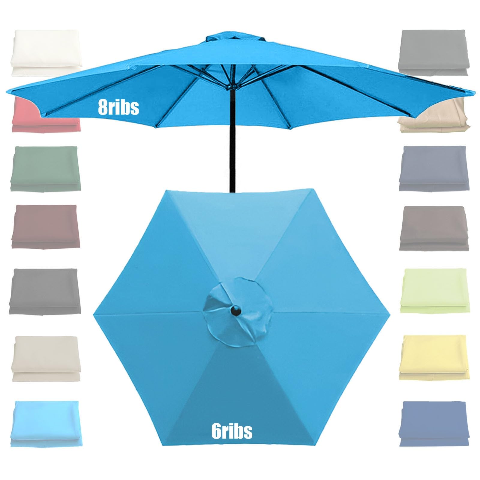 Gzdxbf Unisex Lake Blue Replacement Umbrella Canopy Top Shade Cover 200Cm-6Arms, 270Cm/300Cm-6/8Arms, Market Table Umbrella Canopy(,8 Ribs-2.7M(8.8Ft))