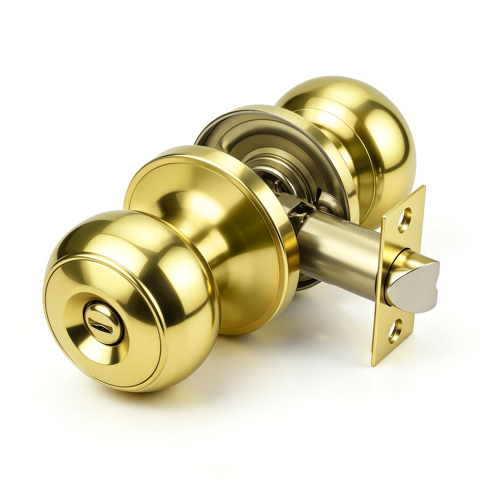 Brotima Bright Brass Round Privacy Knob Set,Keyless Door Knob for Bedroom & Bathroom Internal Doors,Door Lock Set with Adjustable Latch (60mm/70mm)