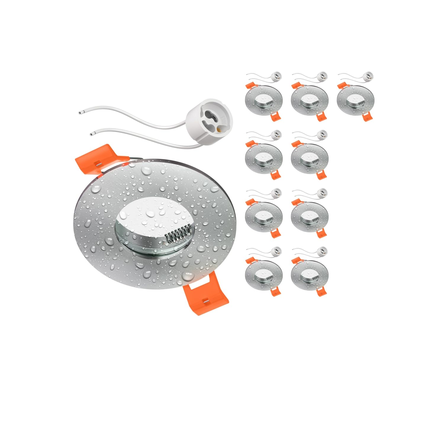 ledscom.de 10x Łazienkowa sufitowa ramka wpuszczana ERID, odporna na wilgoć, łazienkowa, IP44, okrągła, aluminiowa matowa (GU10/MR16/GU5.3/50mm) z gniazdem GU10