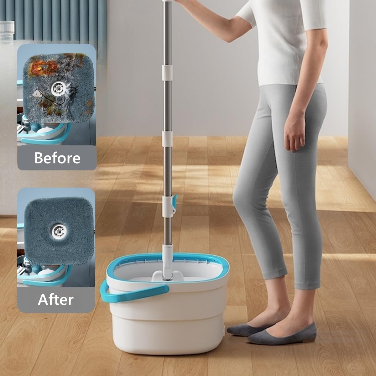Seau à serpillère rotatif à 360 degrés avec essoreur, seau à franges rotatif à 360 degrés avec chiffons en microfibre pour sols stratifiés et carrelages