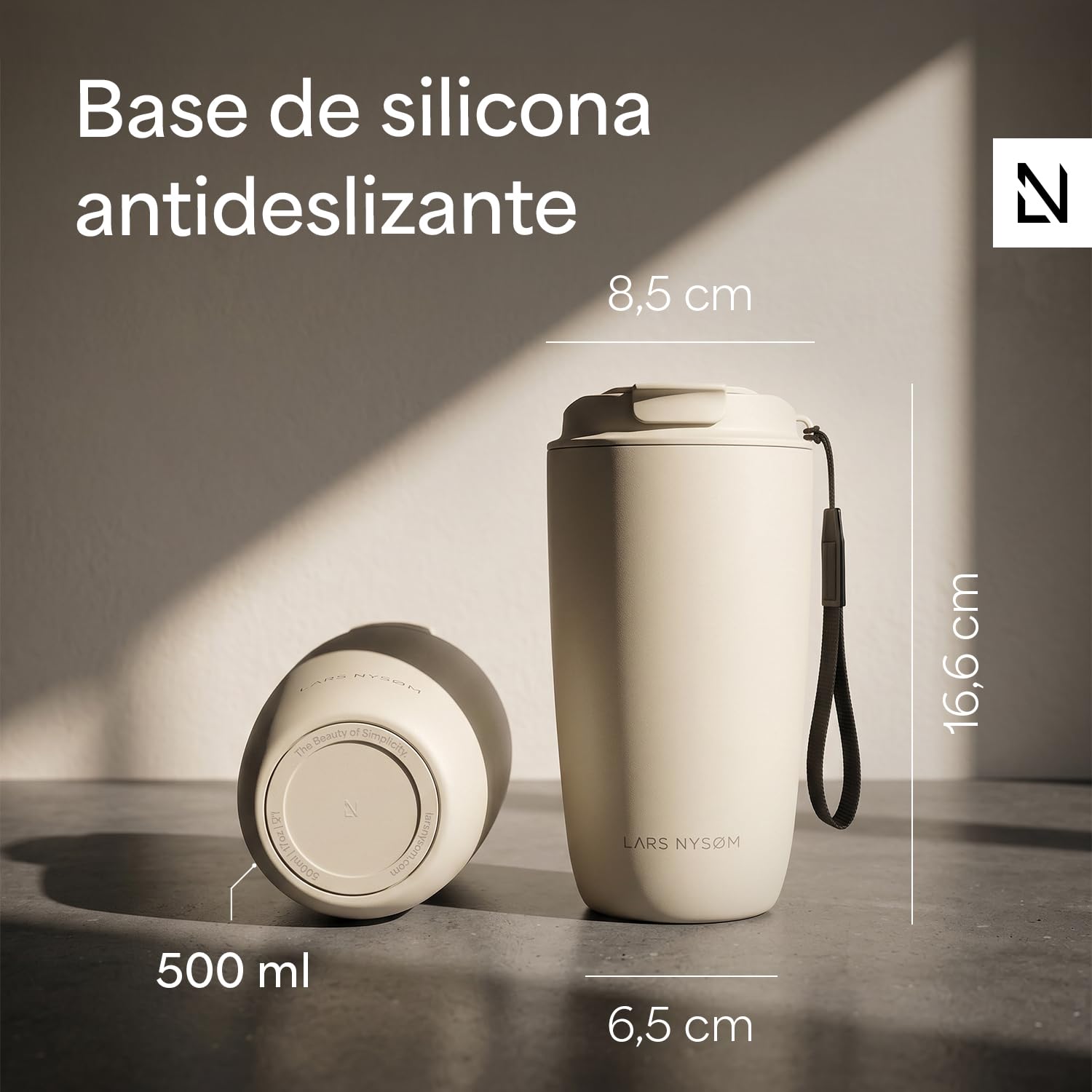 LARS NYSØM Taza térmica café para llevar con correa y Tapa Tritan | Termo Café de 0,5 litros con aislante | Travel mug de acero inoxidable a prueba de fugas (Stone Blue, 500ml)