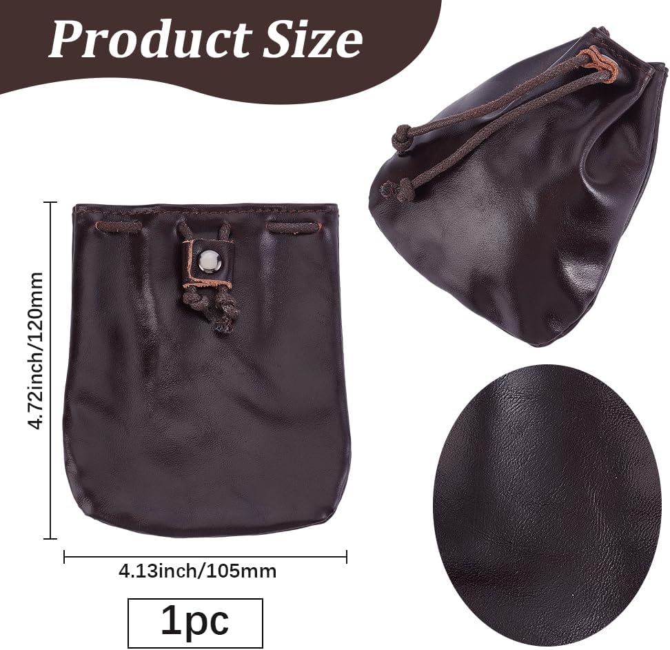 Beebeecraft Cowhide Leather Drawstring Wallets 4.7x4.1 Inch Coffee Small Coin Pouch Bags Genuine Medieval Wallet for Storage Earphone Jewelry