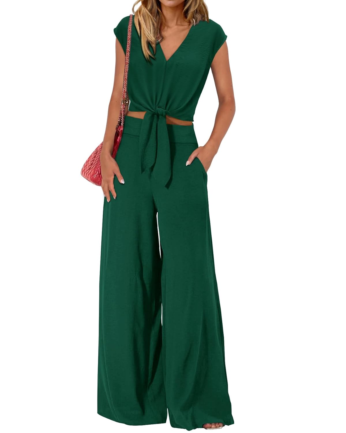 dowerme Womens Summer 2 Piece Outfits Cap Sleeve Strappy Crop Top Wide Leg Pant Sets Casual Tracksuit Lounge