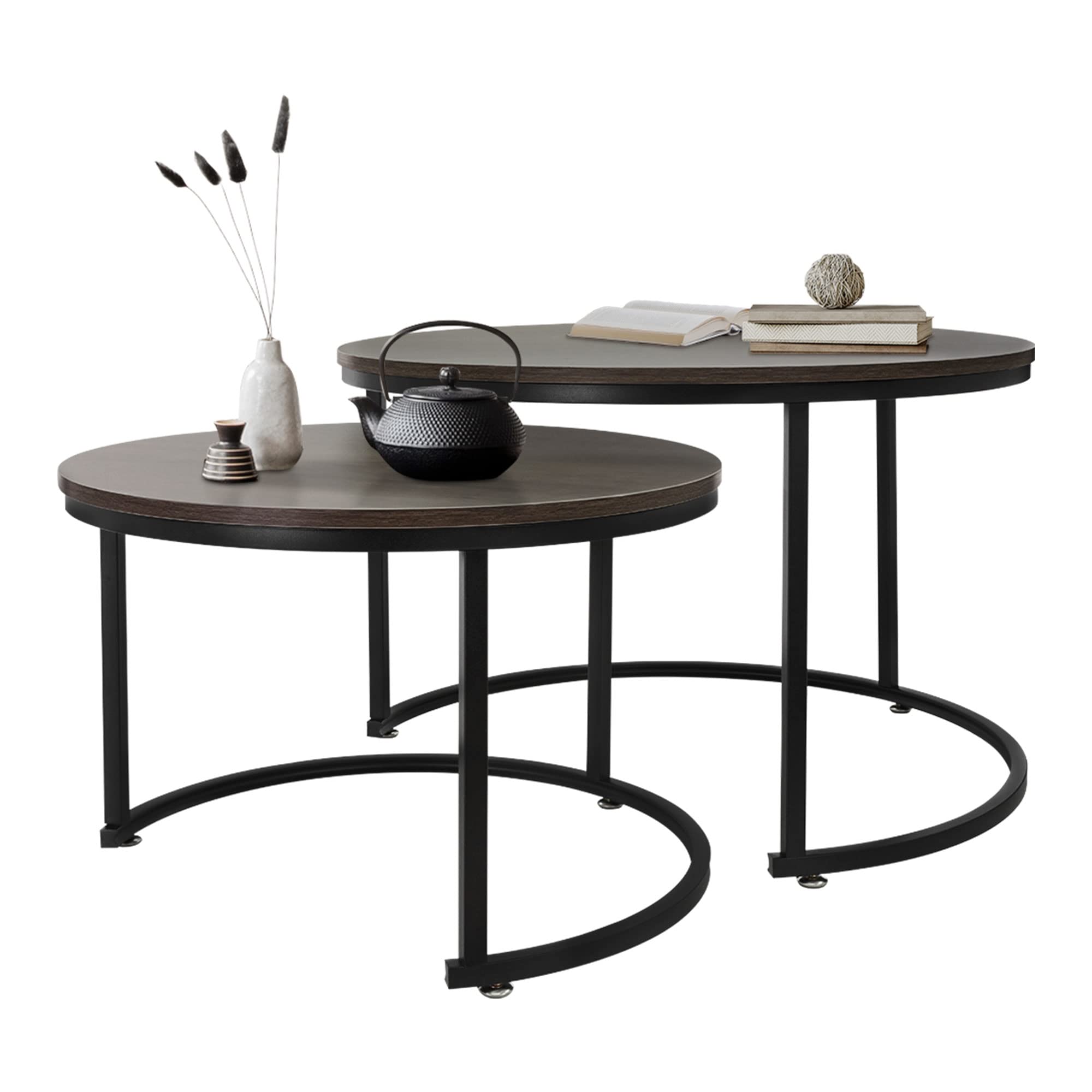 ML-Design Juego de 2 Mesas Auxiliares Redondas de Centro Ø59x40cm/Ø74x48cm MDF Roble Oscuro Estructura de Metal Negro Mesita para Salón Diseño Moderno Tablero para Lámparas Accesorios Decorativos