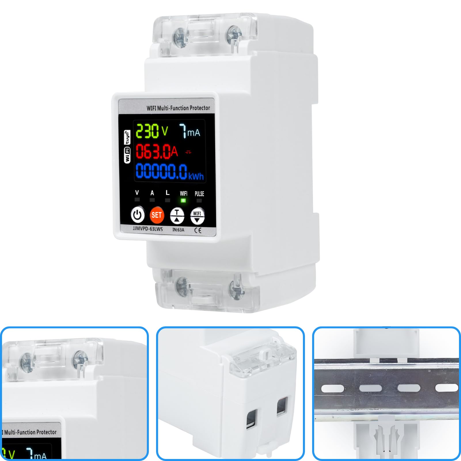 Jadeshay Stabilizzatore di Tensione 220v, 63A 230v Dispositivo di Protezione da Sovratensione Misuratore Consumo Elettrico WiFi su Guida DIN con Schermo a Colori(WiFi)