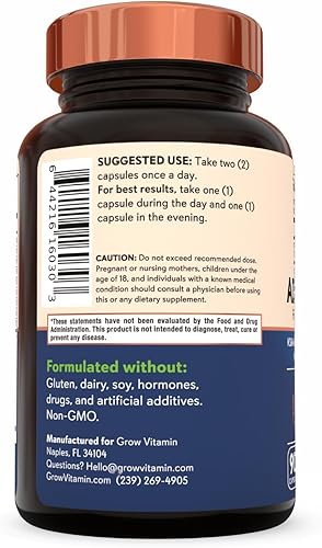 Miniatura 8 de Grow Vitamin Fórmula avanzada de estrés suprarrenal, Ashwagandha orgánica KSM-66 con AlphaWave L-teanina, 5-HTP, mezcla de magnesio, alivio del