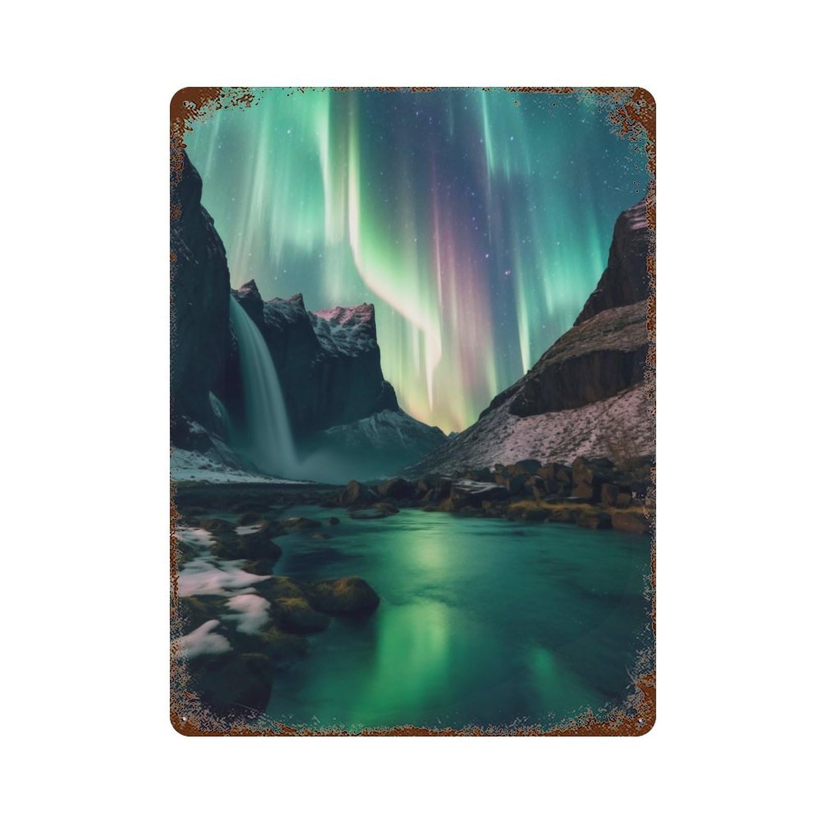 Green Aurora Borealis 15.7"x11.8" Aged Metal Wall Plaque, Retro Wall Decor for Farmhouse, Kitchen And Entryway Decor