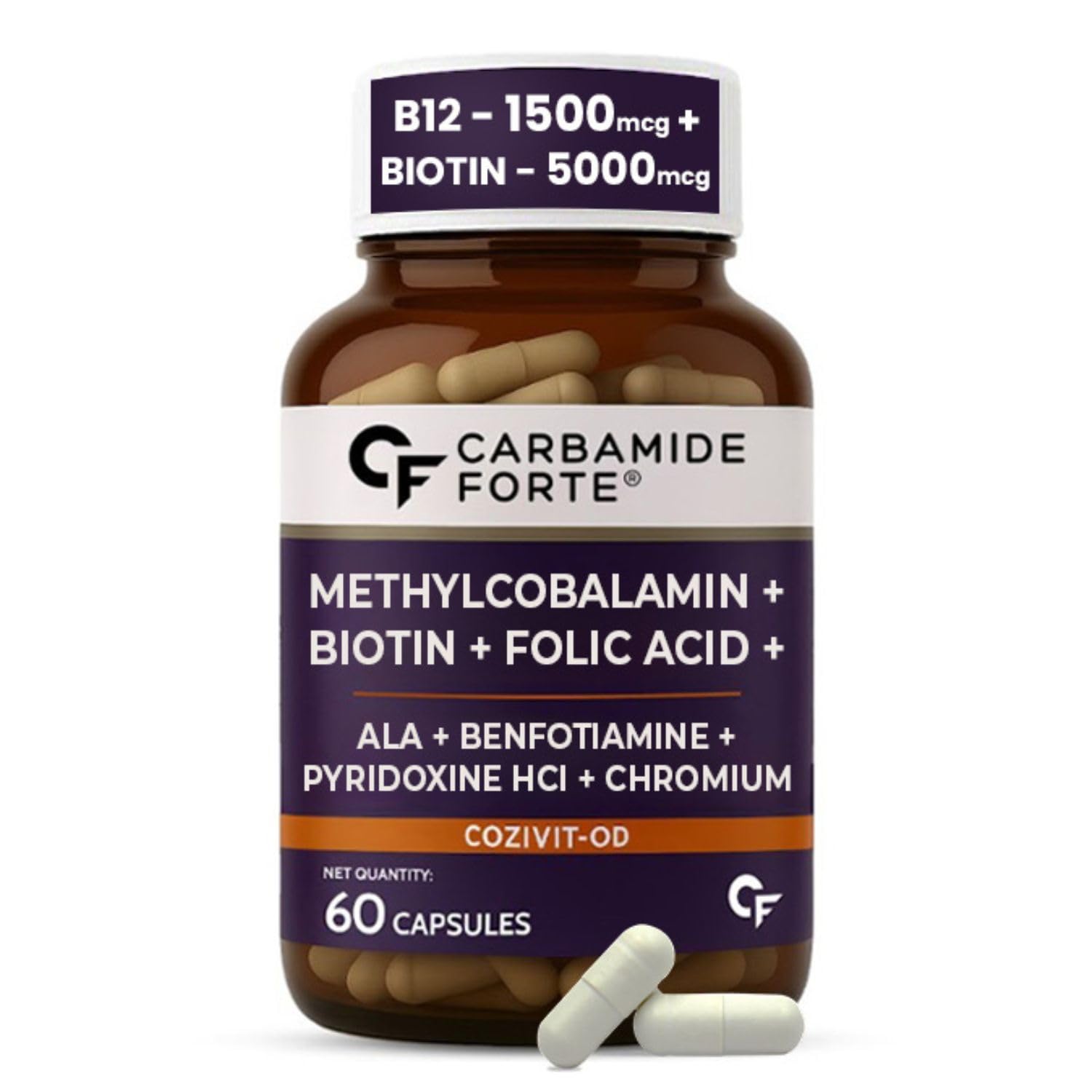 Carbamide Forte Methylcobalamin 1500mcg Vitamin b12 Tablets with added Biotin tablets for hair growth | Vitamin b12 Supplements for Men & Women with Biotin Hair Supplements for Women & Men | Folic Acid, ALA, Benfotamine, Pyridoxine HCl & Chromium picolinate - 60 Capsules