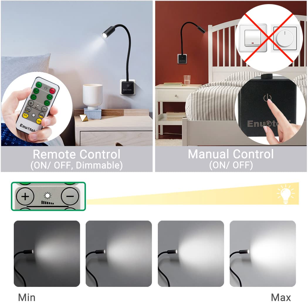 ENUOTEK Lampara Aplique Pared de Lectura Foco LED Regulable, Luz Mesita de Noche Dormitorio LED con Enchufe, Interruptor Tactil y Control Remoto, 3W Luz Neutra 4000K, 1X Lampara y 1X Control Remoto