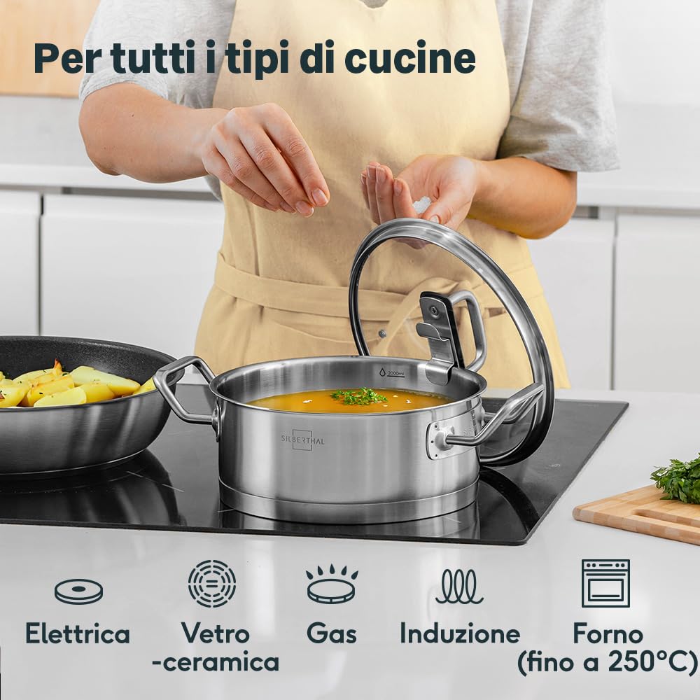 SILBERTHAL Casseruola induzione 20 cm - Acciaio inox - Pentola con coperchio di vetro - Triplo fondo
