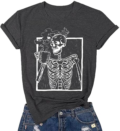 Camisa de esqueleto de café caliente para mujer, camiseta de esqueleto de Halloween, divertida camiseta gráfica de calavera, camisetas casuales de