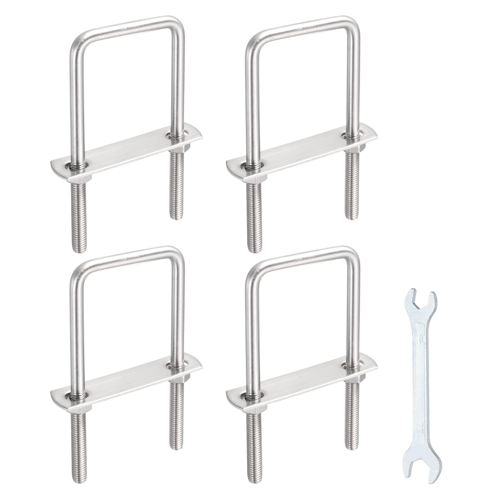 sourcing map 4 Sets M8 Square U-Bolts, 2.05"(52mm) Inner Width 4.7"(120mm) Length 304 Stainless Steel U Clamp Bolts with Nuts, Plates and Wrench for Trailer Ski Boat Fishing Boat โ image 1